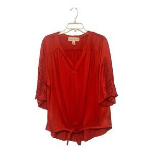 French LAUNDRY XXL Orange Crochet Trim Bell Sleeve Tie Front Boho Shirt